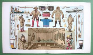 Eskimos Costume Hunting Weapons Shoes Hut Interior Color Print A Racinet