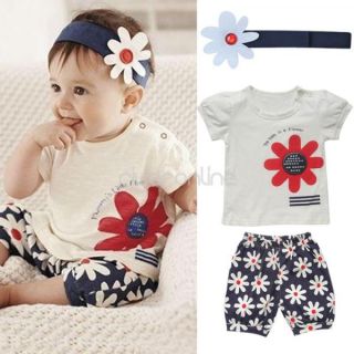 3pcs Kids Girls Baby Headband Top Pants Flower Outfit Set Clothes Costume 18 24M