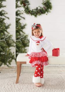 Mud Pie Christmas Girls Santa Ruffles Tiered Skirt Fur Cuff Dots Leggings 0 5T