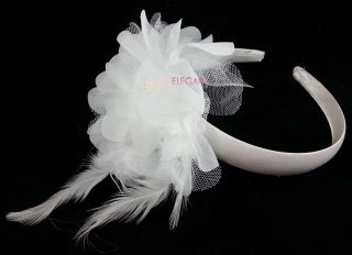 Child Kids White Rosette Feather Wedding Pageant Flower Girls Headband Hair Band
