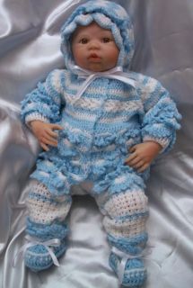 Crochet Baby Reborn Doll Clothes Outfit Sweater Set Pants Hat Booties Blue White