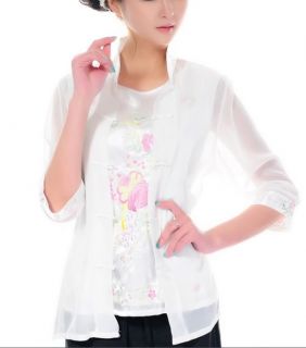 Pink White Chinese Women's Silk Shirt Top Blouse Twinset Sz M L XL XXL XXXL