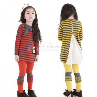 Girls Kid 2pcs Outfit Suit Striped Bowknot Top Dress Shirt Pants Leggings Sz 4 8