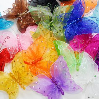 5" Sheer Nylon Crystal Wire Butterfly w Rhinestones Party Decorations 12pcs