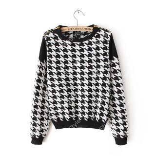 Womens Fashion Crewneck Houndstooth Long Sleeve Knit Pullover Sweaters B3197