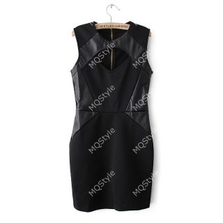 Womens Fashion Faux Leather Splice Sleeveless Vest Back Zip Bodycon Dress B3226
