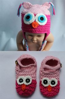 Handmade Knit Crochet Pink Hot Pink Owl Baby Hats Shoes Nappy Newborn Photo Prop