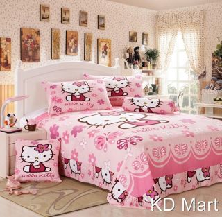 New Kids Girls "Hello Kitty"Single Twin Bed Quilt Cover 4pcs Cotton Set 1 5M 2M