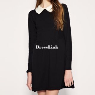 Baby Doll Peter Pan Contrast Collar Long Sleeve Dress Colour Block Pleated DL0