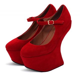 Odeon Red Faux Suede Mary Jane Heel Less Platform Wedge Shoes All Sizes