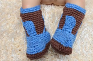 New Handmade Crochet Dark Blue Brown Cowboy Baby Boots Shoes Newborn Photo Props