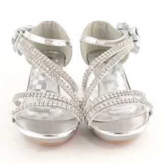 Silver Kids Dress High Heels Flower Rhinestones Sandals Girls Close Back Shoes