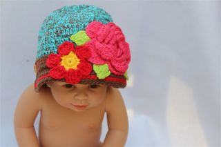 Cute Handmade Baby Knit Hat Beanie Blue Hot Pink Flower Beret Newborn to 3 Year