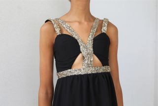 Black Gold Sequin Harness Cut Out Bustier Backless Back Night Dress 6 8 10 12