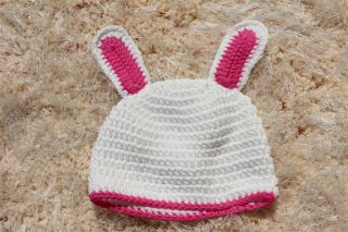Handmade Baby White Pink Rabbit Bugs Bunny Knit Crochet Hat Newborn Photo Prop
