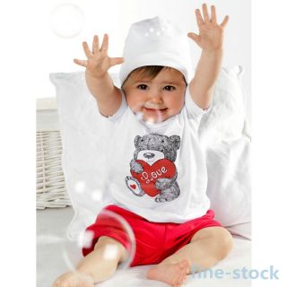 Baby Kids T Shirt Girls Short Sleeve Top Pants Heart Bear Outfit 2 Pcs Clothing