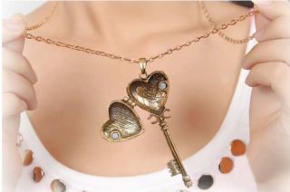 Vintage Retro Cute Heart Shape Key Locket Pendant Necklace Chain Couples Gifts
