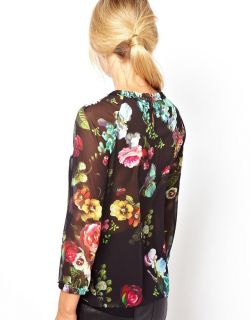 New Womens European Fashion Crewneck Flower Print Chiffon Shirts Blouse B3775