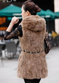Winter Warm Women Real Rabbit Fur Vest Long Coat Lady Jacket with Cap N Chain