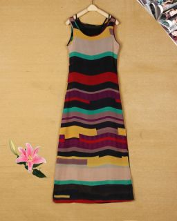 New Womens Fashion Crewneck Sleeveless Rainbow Stripe Print Long Dress B2170