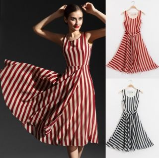 New Womens European Fashion Big Hem Zibra Stripe Chiffon Sleeveless Dress B2117