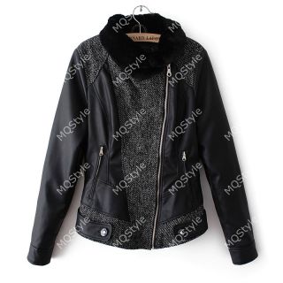 New Womens European Fashion Faux Leather Fur Splice Zip Lapel Coat Jacket B3221