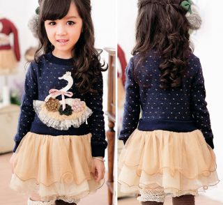New Girls Dress Kids Swan Princess Long Sleeve Cotton Dress 2 7Y Clothes AD047