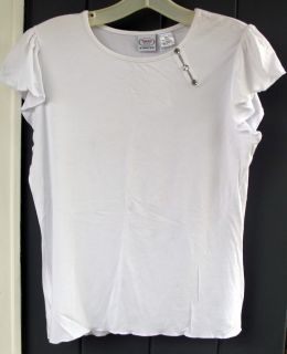 Talbots White Girls Stretch Tee Shirt Top Blouse 20 Flutter Slv Crystal Buttons