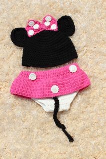 Lovely Handmade Minnie Mickey Mouse Newborn Baby Knit Hat Nappy Photo Prop New