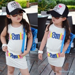 Kids Girls Words Pattern Toddlers Clothes Tank Tops Dress 2 Pcs Costume Sz 2 7Y