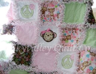 Prefringed Precut Baby Girl Rag Quilt Kit Pink Brown Green Monkey