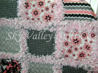 Baby Girl Rag Quilt Retro Pink Gray and Black Butterflies and Blooms