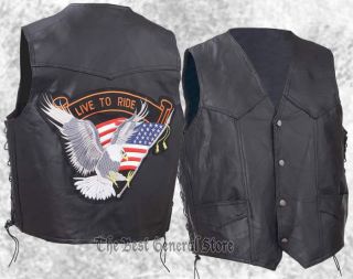 Mens Black Leather Motorcycle Biker Vest Live to Ride Patch Lace Sides Eagle
