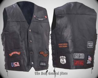Mens Black Buffalo Leather Motorcycle Vest with 11 Biker Patches Waistcoat New