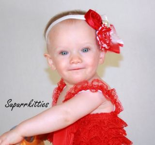 Red White Shabby Rosette Baby Headband w Feathers Toddler Girl Valentine's Day