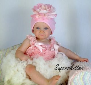 Pink Peony Baby Flower Cotton Beanie Hat w Vintage Look Rhinestone Phot Prop