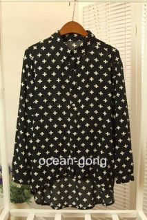 Vintage Black Beige Women Cross Print Top Blouse Shirt Stylish Causal Top