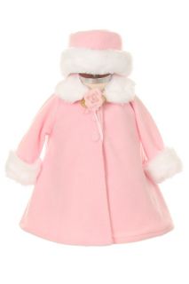 New Baby Girls A Line Pink Fleece Coat Jacket w White Fur Trim Hat Winter