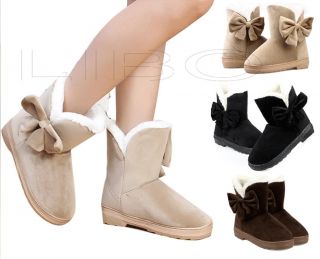 Women Winter Soft Warm Bowknot Flat Heels Solid Lady Snow Boots Mid Calf Shoes
