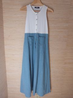 B Moss Womens Long Cotton Blue Denim Summer Dress w White Knit Bodice Sz XSÂ 