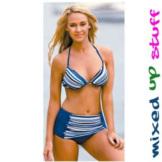 Sz 8 16 Women Blue Stripe Retro High Waist Bikini Boyleg Swimwear Bathers
