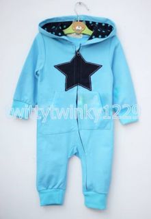 Baby Boy "Star" Hoodie Romper Suit One Piece Sky Blue 6 24 Months