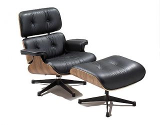 3007 Modern Eames Style Black Genuine Leather Lounge Chair Ottoman Set