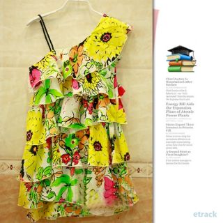 Baby Kids Girls Flowers Pattern Ruffled One Shoulder Skirts One Piece Dress 2 7Y
