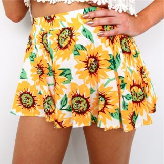 Tropical Sunflower Prints High Waisted Flare Skirty Mini Beach Shorts 6 8 10 12