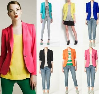 New Women Candy Color Fashion One Button Lapel Slim Blazer Jacket Suit Coat B002