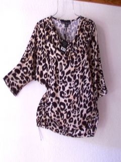 New Leopard Ivory Black Beige Animal Print Tunic Knit Sweater Top 12 14 L Large