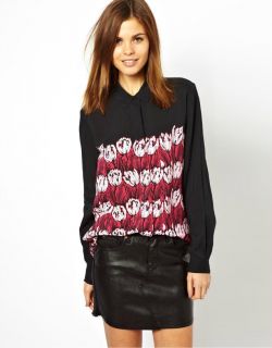 Womens European Fashion Collar Flower Print Chiffon Long Sleeve Shirt B4143