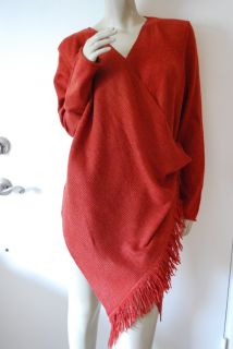 Carole Little Size XL Wrap Cardigan Sweater Burnt Orange Fringe Merino Wool