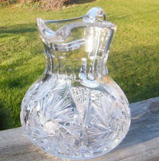 Antique Vintage Crystal Cut Glass Pinwheel Whirly Hobstar 1 Quart Water Pitcher